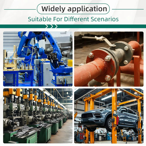 Wide view of industrial applications featuring robotics, piping, machinery, and a vehicle lift using the Badass Grade 8 Bolt And Nut Assortment Kit.