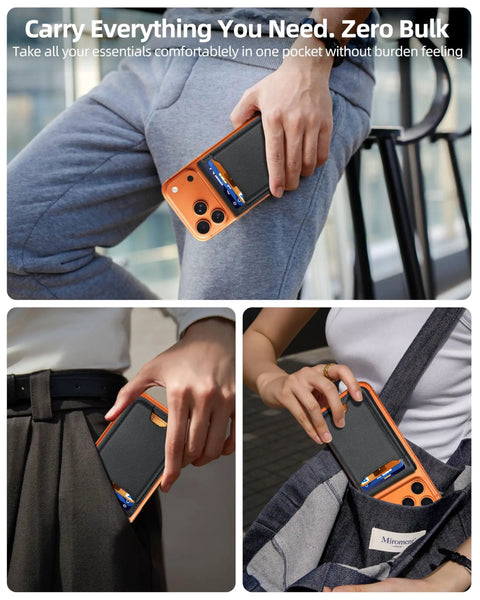 Person holding MagSafe Wallet With Money Clip For iPhone 17 Through 12 Series, concealed in pocket, showcasing slim design.