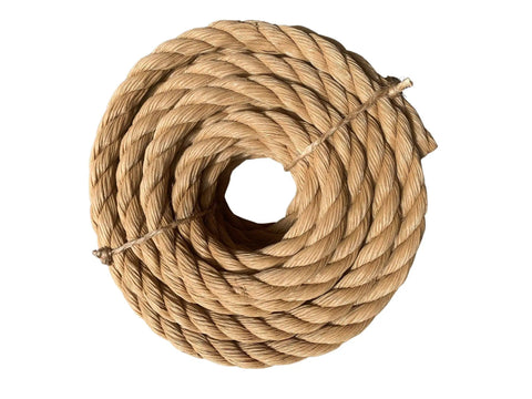 Ultra Versatile UnManila Rope 1.5 Inch By 50 Feet 3 Strand Polypropylene Cord coiled, showing durable twisted strands.