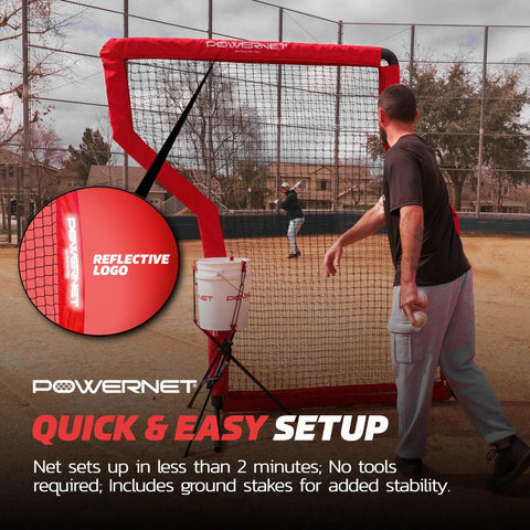 Man setting up Portable Baseball Practice Net For Pitching And Hitting, 7 Ft Z Screen, red color, durable for left and right throwers.