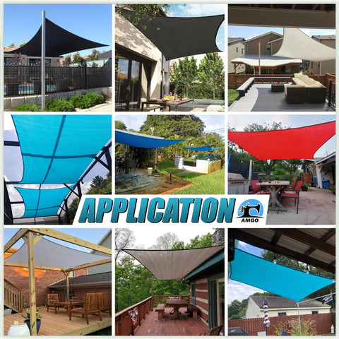 Different styles and colors of shade sails on patios and gardens showcasing various uses and installations