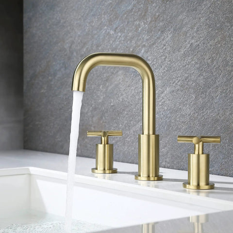 8 Inch Widespread Brushed Gold Bathroom Faucet With Two Handles For 3 Hole Sink Brass Construction With Pop Up Drain Included Tarnish Resistant Finish Easy Clean Modern 3 Hole Deck Mount Design, water flowing into white sink