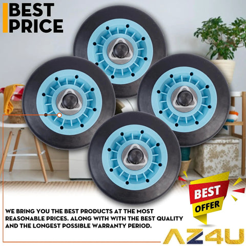 Dryer Repair Kit With Drum Rollers And Belt Pulley Replacement For Samsung Dryers DV-series, four blue drum rollers displayed