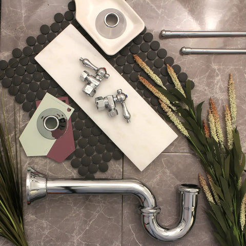All In One Traditional Bathroom Sink Trim Kit With P Trap Polished Chrome Finish Solid Brass Construction laid out on tiles