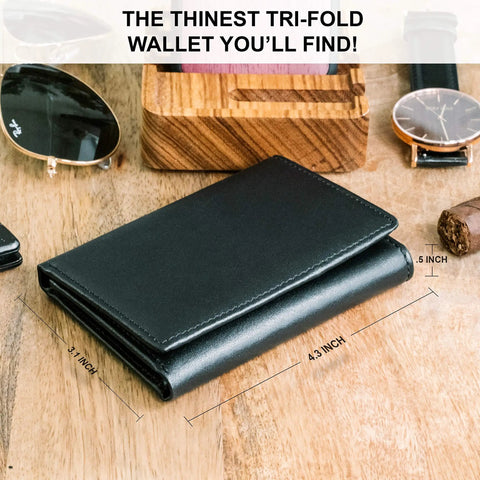 Top Grain Leather Trifold Wallet For Men With RFID Blocking, Ultra Strong Stitching, black wallet on wooden table
