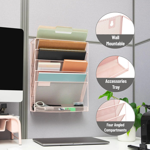 Top Shelf Pink Metal Mesh Vertical File Storage Desktop Organizer With Hella Angled Pockets For Folders And Documents Wall Mount Ready For Offices And Home Desks To Keep Your Workspace Slick, showcasing four angled compartments.
