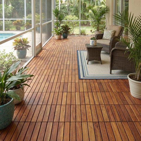 EZ-Floor Interlocking Teak Flooring Tiles With Solid Teak Wood Oil Finish Long Slat Set Of 10 on a sunroom patio with furniture.
