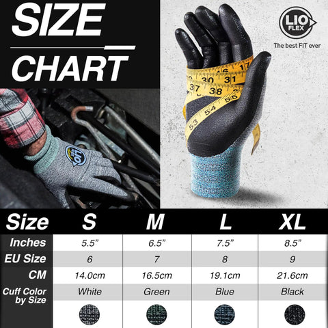 Thin Lightweight Nitrile Foam Coated Work Gloves With Touchscreen Fingers, 3 Pairs, Size Chart Showing S to XL