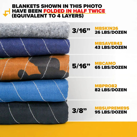 Stack of folded quilts showing sizes and weights, including Heavy Duty Moving Blankets 80 by 72 Inches 4 Pack Quilted Furniture Pads.