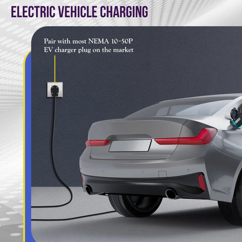 Heavy Duty NEMA 10-50R 50 Amp Black Outlet Socket charging an electric vehicle with a NEMA 10-50P plug.
