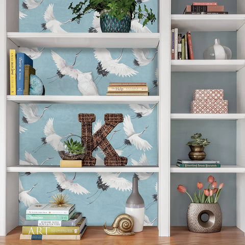 Shelf with blue halcyon crane peel and stick wallpaper removable no residue repositionable for walls and rentals, decor items on shelves