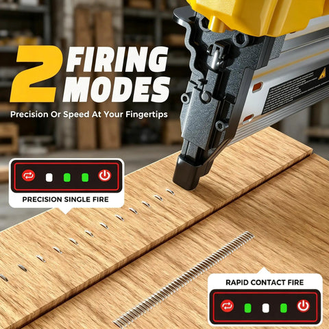 Workhorse Cordless Brad Nailer 18 Gauge 2 Inch Drive 2 In 1 Electric Staple Gun Compatible With DeWalt 20V Max Battery showing firing modes on wood.