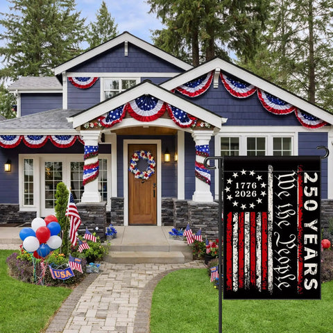 Two Sided 12x18 Inch 250th Anniversary USA Garden Flag Commemorative 1776 2026 We The People Patriotic Banner displayed outdoors