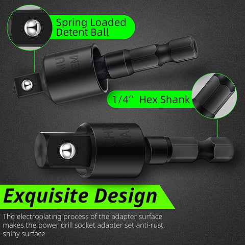 Beefed Up Workhorse 4 Piece Power Drill Socket Adapter Set With 360 Degree Rotating Sockets, chrome vanadium steel detail close-up