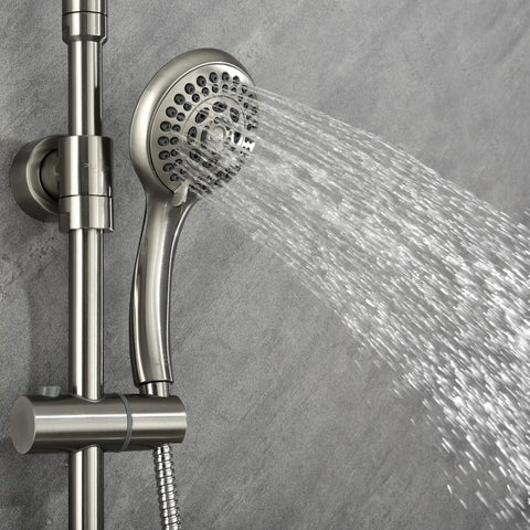 Riviera Shower System With 8-Inch Rain Showerhead, Five-Function Hand Shower in brushed nickel, water flow visible