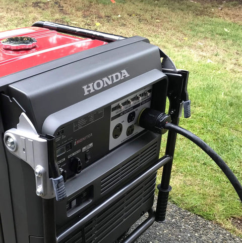 L14-30 Generator Plug Set With L14-30P And L14-30R, 30 Amp Twist Lock Receptacle in use on Honda generator, black cord connected