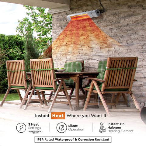 Patio setup with Electric Indoor Outdoor Patio Heater With Remote Control 1500W Delivers Year Round Cozy Warmth IP65 Waterproof.
