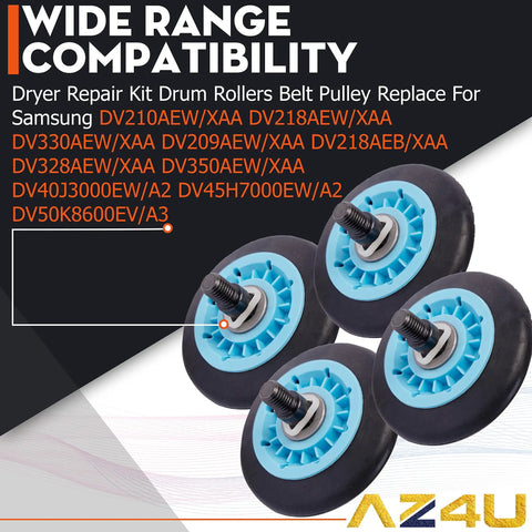 Dryer Repair Kit With Drum Rollers And Belt Pulley Replacement For Samsung Dryers, showing four blue drum rollers.
