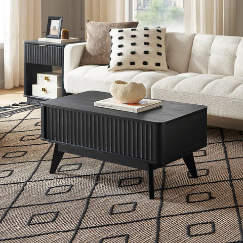 Top Shelf Modern Lift Top Coffee Table With Sleek Fluted Paneling And A Game Changing Pull Up Desktop Plus Hidden Storage Compartment In Durable Black Oak Finish, 35.4"x19.7"x16.5" in stylish living room setting.