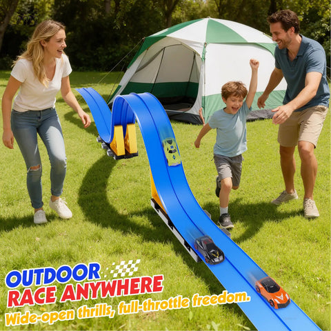Family playing with 16 Foot Flexible Race Track Set For Kids with Roll Up DIY Lanes on grass by a tent, showcasing outdoor fun.