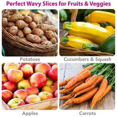 Collage of fresh produce: potatoes, yellow squash and cucumbers, red apples, and carrots