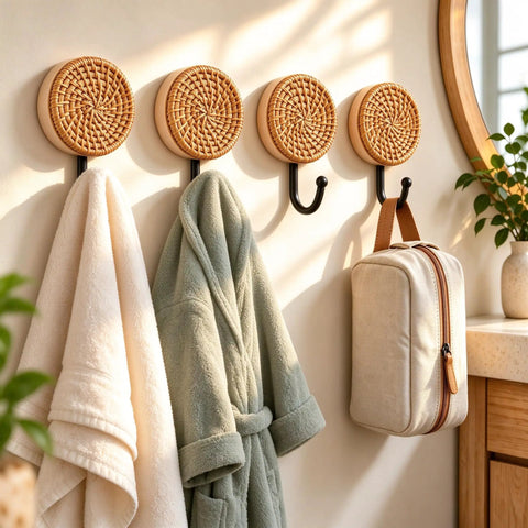 Four Pack Slick Boho Wall Hooks Decorative Wide Opening Coat Rack For Towels Backpacks And Purses With Rock Solid Screw Mount Heavy Duty Home Storage For Keys Jewelry And Everyday Carry holding towels and robe.