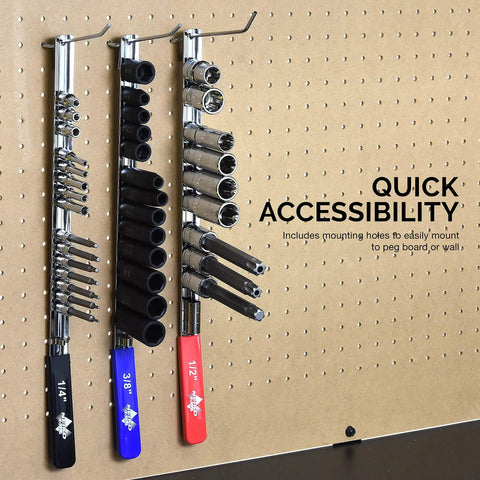 Heavy Duty Socket Organizer Tray With Beefy Rails Made For 1/4 3/8 And 1/2 Inch Drive Sockets, mounted on a pegboard for easy access.