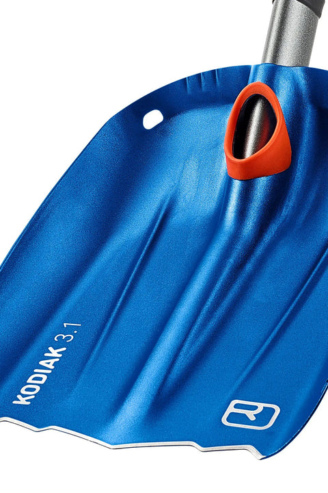 Close-up of Beefy Collapsible Avalanche Shovel With Aluminum Construction Kodiak I, showing rigid anodized blue blade.