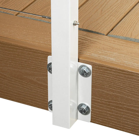 No Sweat Cable Railing Kit Spanning 46 Feet Ships Loaded With Predrilled Metal Posts Premium Stainless Steel Wire close up of metal post and mounting hardware.