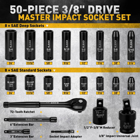Image of Three Eighths Drive Impact Socket Set With Fifty Piece Shallow And Deep Sockets In Metric And Standard, Universal Joint, Extension Bar, One Half To Three Eighths Reducer, Hex Shank Socket Adapter, And Ratchet Handle