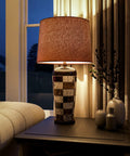 Torino Table Lamp with Ceramic Multicolor Squares Finish, Earth Tone Checkerboard Pattern, Brown Tapered Drum Shade, 30 Inch Height