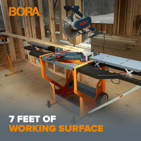 Kickass Rolling Miter Saw Stand With Smooth Gliding Casters And Spinning Workbench Top For Razor Sharp Cuts Solid As A Rock Portable Power Tool Bench Built Heavy To Tackle Every Build Safely with Bosch saw and 7 feet of working surface.