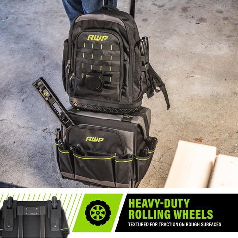 Rolling Tool Bag For Pros And Contractors Water Resistant Tough Gear Tote with backpack and organized pockets
