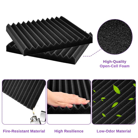 High-quality open-cell foam from 52 Pack Acoustic Foam Panels 1 Inch Thick 12 By 12 Inch Wedge Studio Foam Sound Absorption Wall Panels