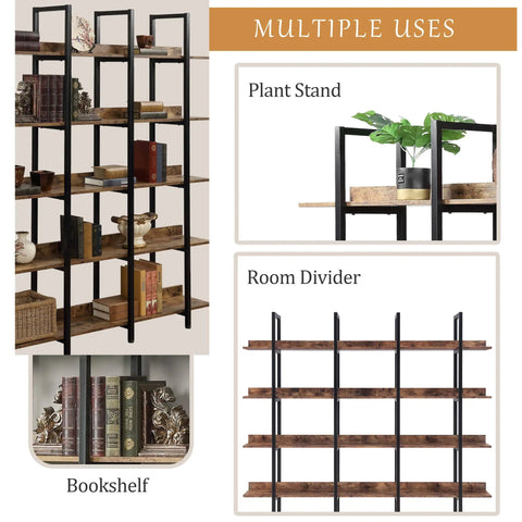 5 Tier Industrial Bookcase With Black Metal Frame Brown Finish Space Saving Storage Organizer versatile uses collage
