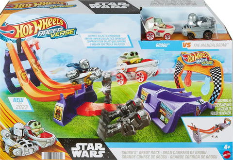 Box of Star Wars RacerVerse Grogu's Great Race Track Set With Two Die-Cast Racers Inspired By The Mandalorian showing track and cars