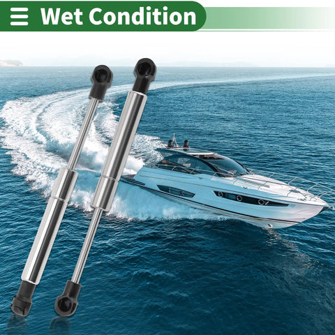 Stainless Steel Gas Spring Lift Support Struts With 20 Lb Force And Plastic Ends Marine Boat Hatch Car Hood RV Window Storage Box Cover Heavy Duty Construction Built Like A Tank For Smooth Swing Open Action Pair Of Two on a boat in wet conditions.