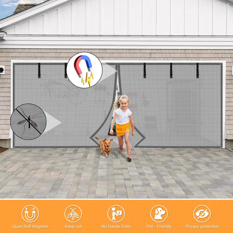 Hands Free Magnetic Garage Door Screen In Privacy Silver, 9 By 7 Feet, keeps bugs out, lets air in, with child and dog