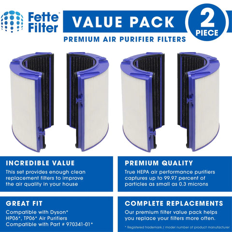Premium 2 Pack Air Purifier Filter Replacement For HP06 HP09 TP06 TP07 TP09 PH01 PH02 PH03 PH04 HP07 TP07 on display with packaging.