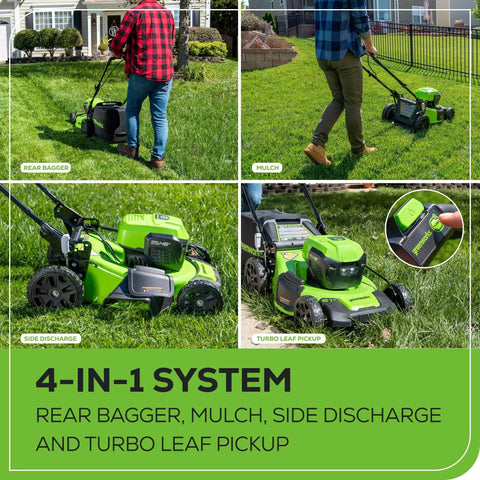 Cordless 48V Yard Power Kit No Gas Mess With A 20 Inch Brushless Lawn Mower in action with 4-in-1 system features.