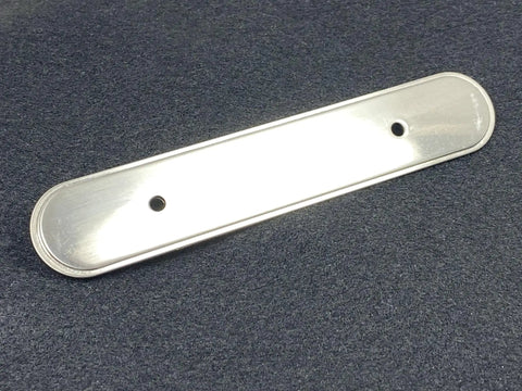 Three Inch Oval Backplate In Brushed Nickel Dope Finish Pack Of Twenty Five For Cabinets Or Doors With Three Mounting Holes And A Slim One Eighth Inch Projection Upgrade Your Space displayed on gray surface