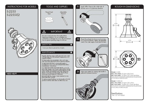 Anystream 360 Shower Head installation instructions with dimensions, showing polished chrome finish and 6 adjustable jets.