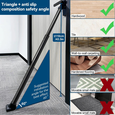 Heavy Duty 2 Pack Door Security Bar Adjustable Door Jammer Kickproof Steel Stopper With Grippy Pads For Snug Fit installation angle 60 degrees