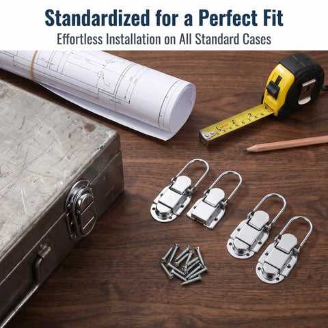 Heavy Duty Duckbill Hasp Latch Set 5 Pack With Screws For Cargo Safety And Metal Storage Security Rigged Tight Fit To Lock Gear During Long Hauls, silver latches on box