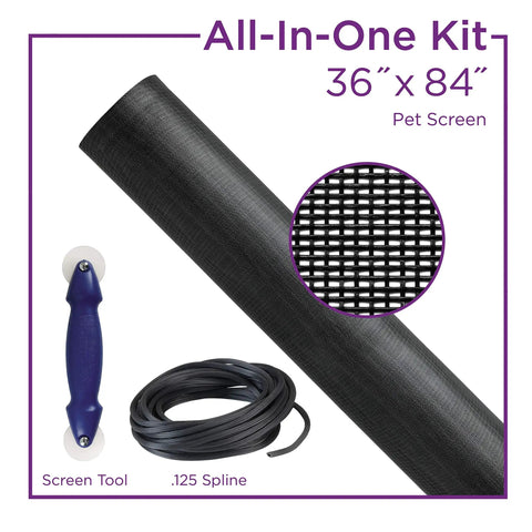 DIY Door And Window Screen Repair Kit 36x84 Inches Charcoal Mesh With Spline And Rolling Tool, detail view of components