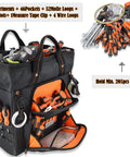 46 Pocket 26 Inch Rolling Tool Bag On Wheels For Pros Large Capacity Tool Tote with tools inside and alongside