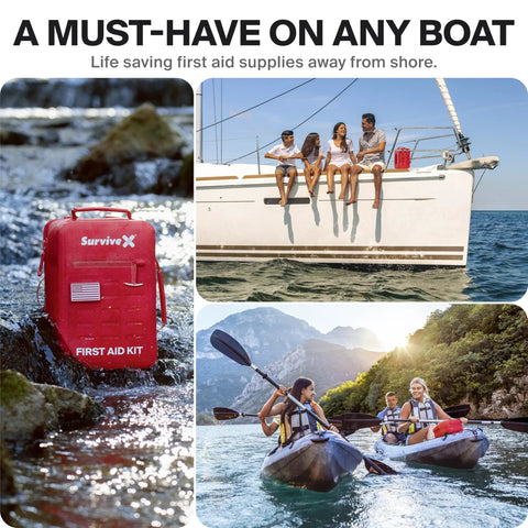 Large Waterproof First Aid Kit For Car, Travel, Home And Outdoors With IPX7 Sealed Zippers visible on boat with people kayaking and sailing