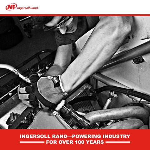 Mechanic wearing gloves working on engine; Ingersoll Rand lubricant branding banner in background