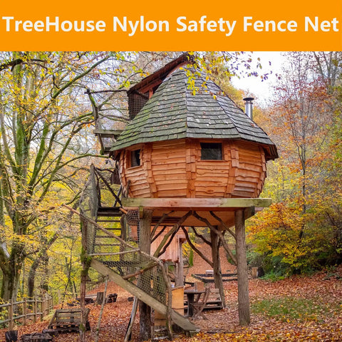 Playground Climbing Net For Kids Outdoor Playset Safe Cargo Rope Net With Nylon Rope Ladder Swing Balcony Banister Guard Durable 3.3 By 6.6 Feet Gray Finish used around a wooden treehouse in a forest setting.