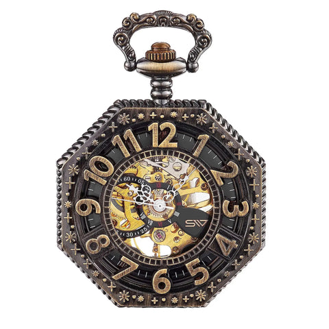 Mens Pocket Watch With Chain Old School Retro Hand Wind Mechanical Timepiece Vintage 1920s Railroad Style Steampunk Accessory